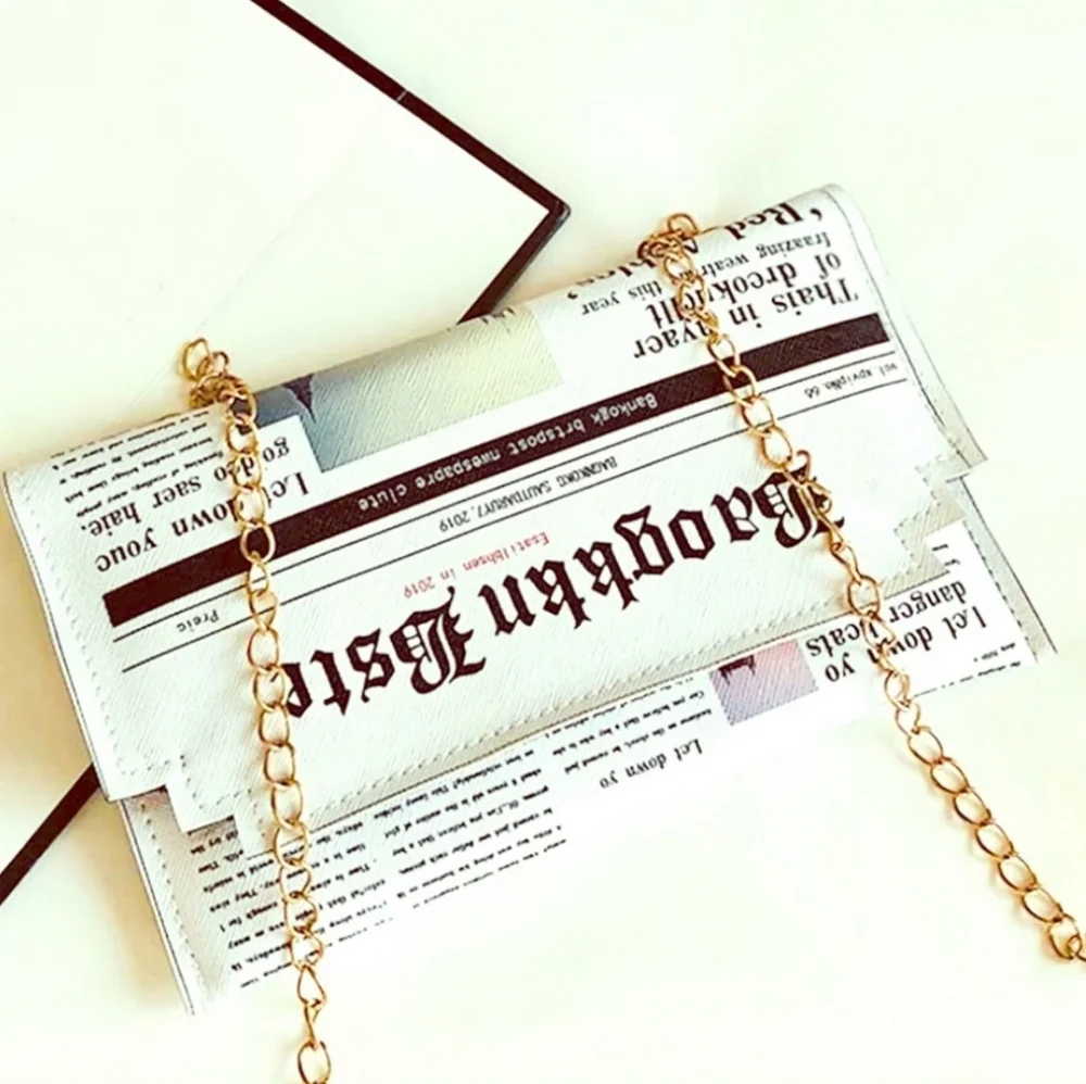Newspaper Print Flap Crossbody Purse, Clutch, Snap Added Gold Chain New! 8" X 5" - Picture 4 of 17